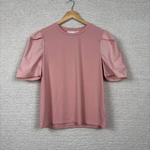 English Factory‎ Top Womens M Pink Puff Sleeve Pull Over Cotton Blend T-Shirt